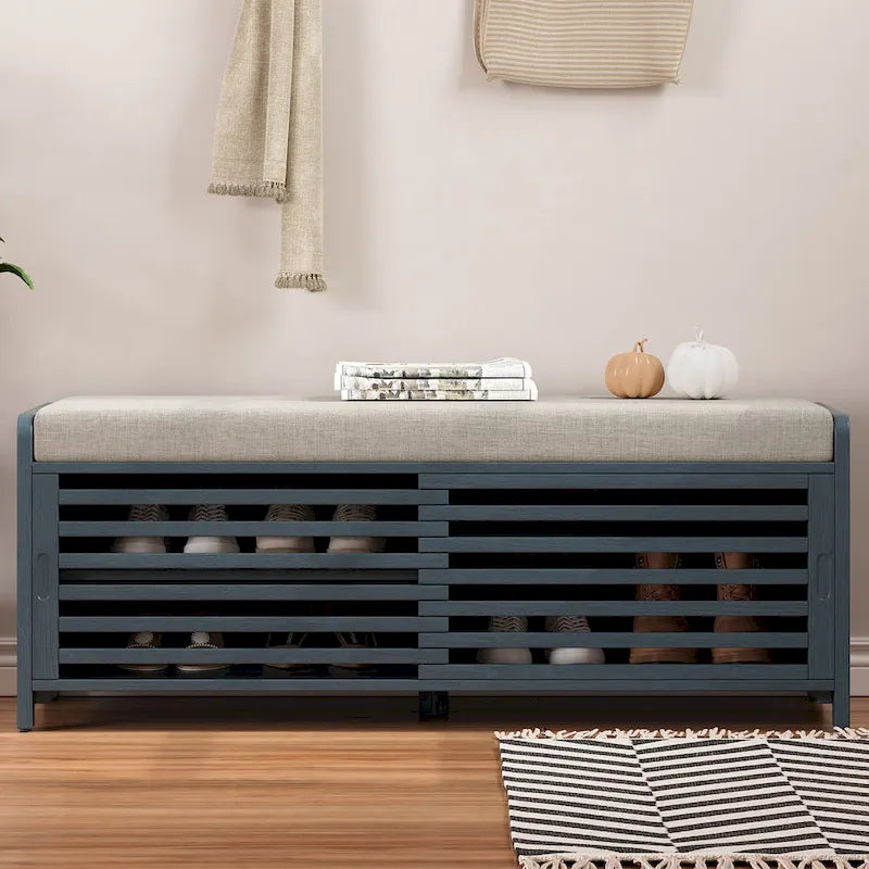 Distressed Shutter Storage Bench with Acacia Veneer for Retro Charm for Living Room, Entryway (Navy)