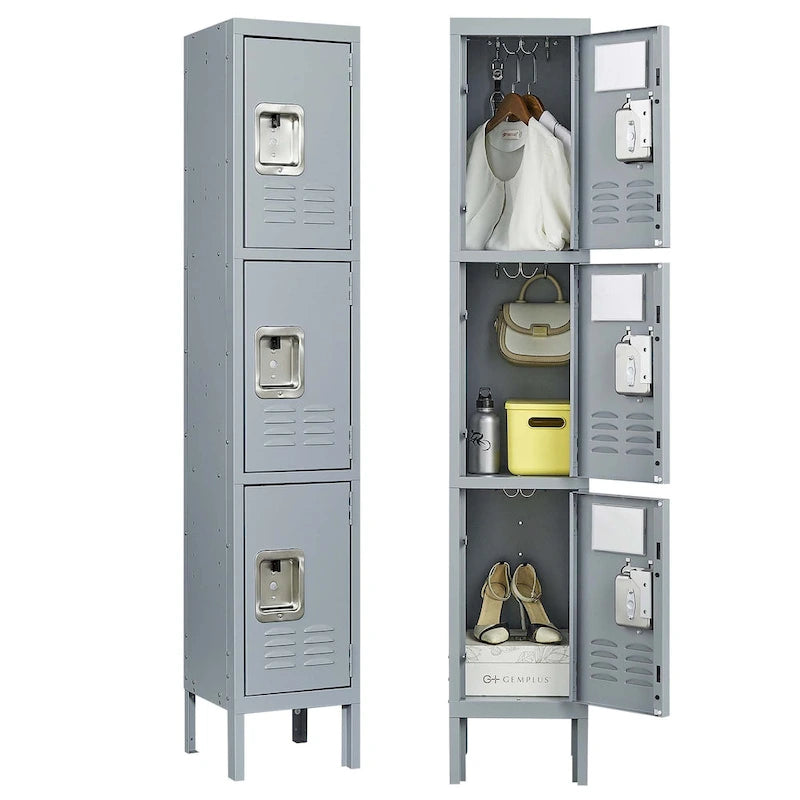 3 Door 66H Metal Lockers With Lock for Employees,Storage Locker Cabinet for Home Gym Office School Garage,Gray