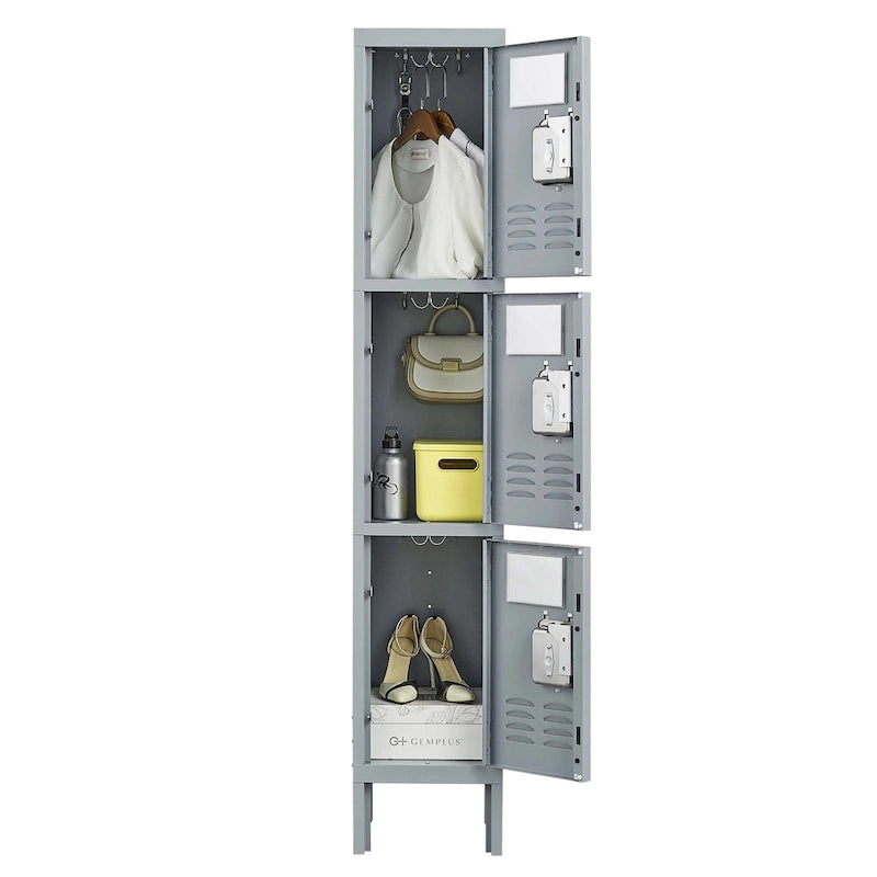 3 Door 66H Metal Lockers With Lock for Employees,Storage Locker Cabinet for Home Gym Office School Garage,Gray