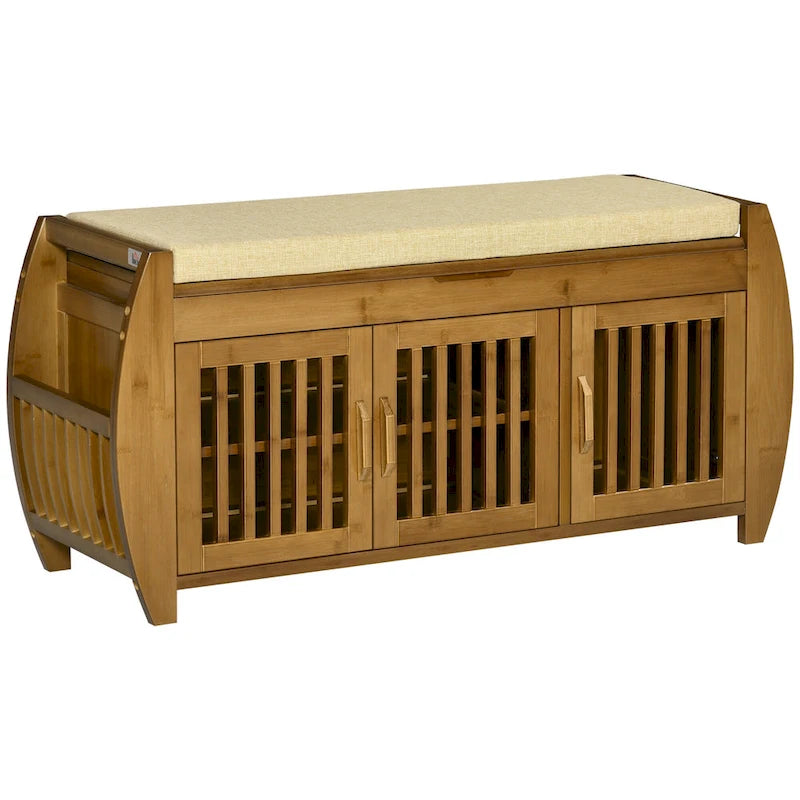 Shoe Bench with Storage Cabinets, Bamboo Entryway Bench with Seating Cushion, 3 Doors