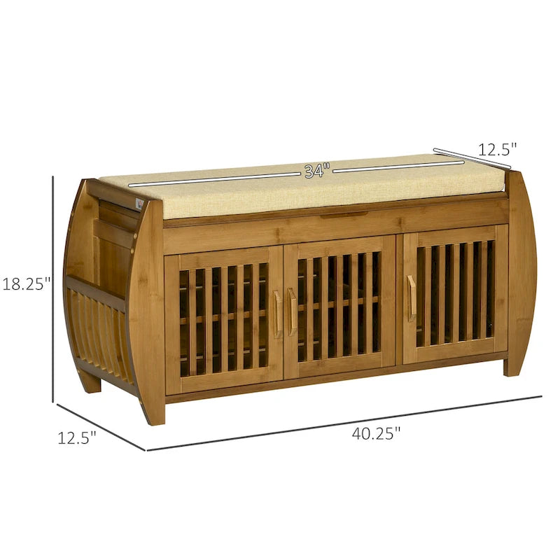 Panca portascarpe con armadietti, panca da ingresso in bambù con cuscino per seduta, 3 ante