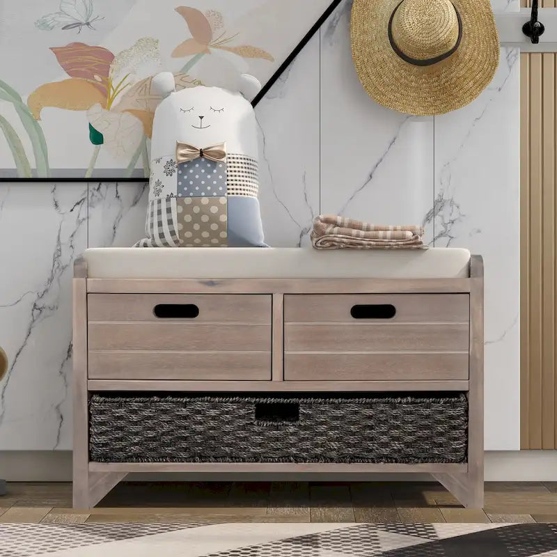 Panca contenitore in legno con 1 cesto rimovibile e 2 cassetti, panca scarpiera completamente assemblata 32 panca da ingresso con cuscino rimovibile