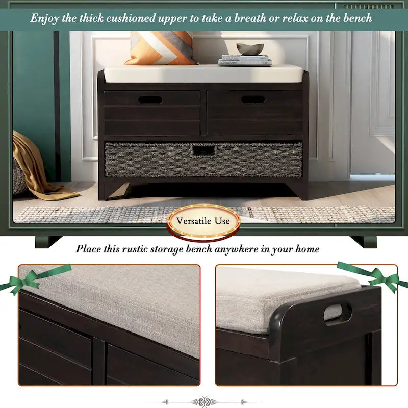 Panca contenitore in legno con 1 cesto rimovibile e 2 cassetti, panca scarpiera completamente assemblata 32 panca da ingresso con cuscino rimovibile