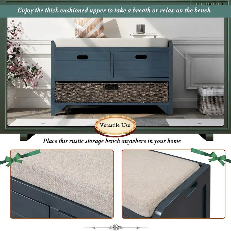 Panca contenitore in legno con 1 cesto rimovibile e 2 cassetti, panca scarpiera completamente assemblata 32 panca da ingresso con cuscino rimovibile