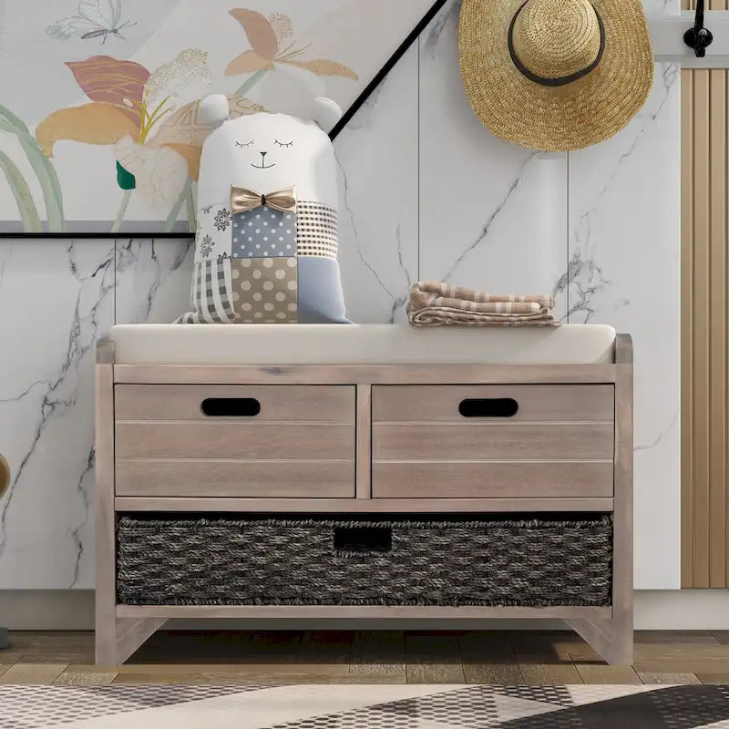 Panca contenitore in legno con 1 cesto rimovibile e 2 cassetti, panca scarpiera completamente assemblata 32 panca da ingresso con cuscino rimovibile