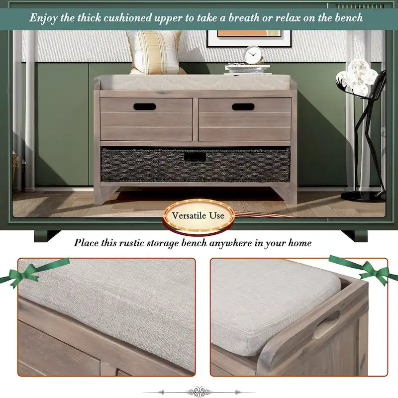 Panca contenitore in legno con 1 cesto rimovibile e 2 cassetti, panca scarpiera completamente assemblata 32 panca da ingresso con cuscino rimovibile
