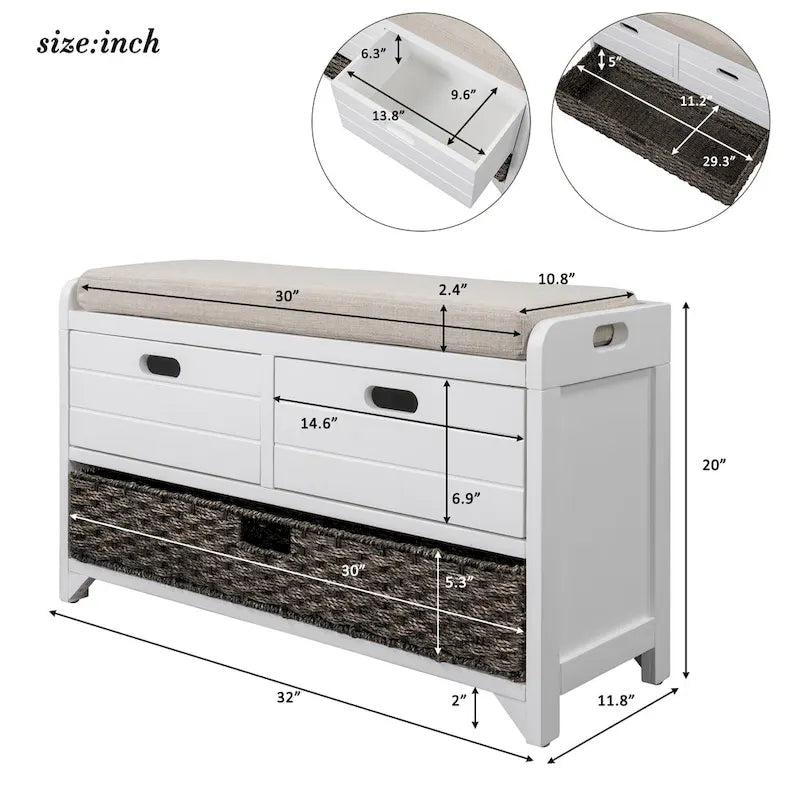 Panca contenitore in legno con 1 cesto rimovibile e 2 cassetti, panca scarpiera completamente assemblata 32 panca da ingresso con cuscino rimovibile
