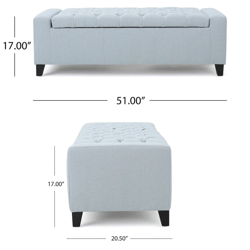 Storage Ottoman Bench, Light Blue Fabric, Tufted Top, 51 Inch