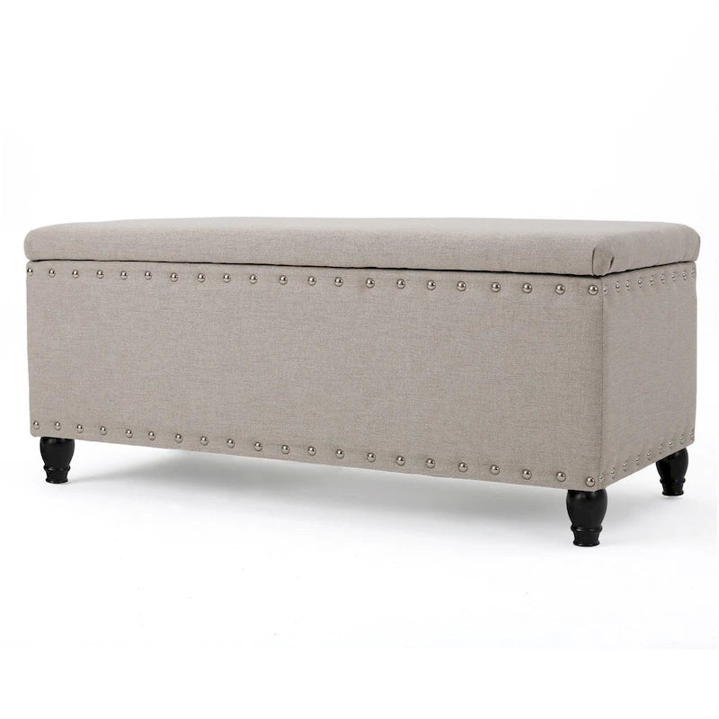 Storage Ottoman Bench, Beige Fabric, Nailhead Trim, 42 Inch