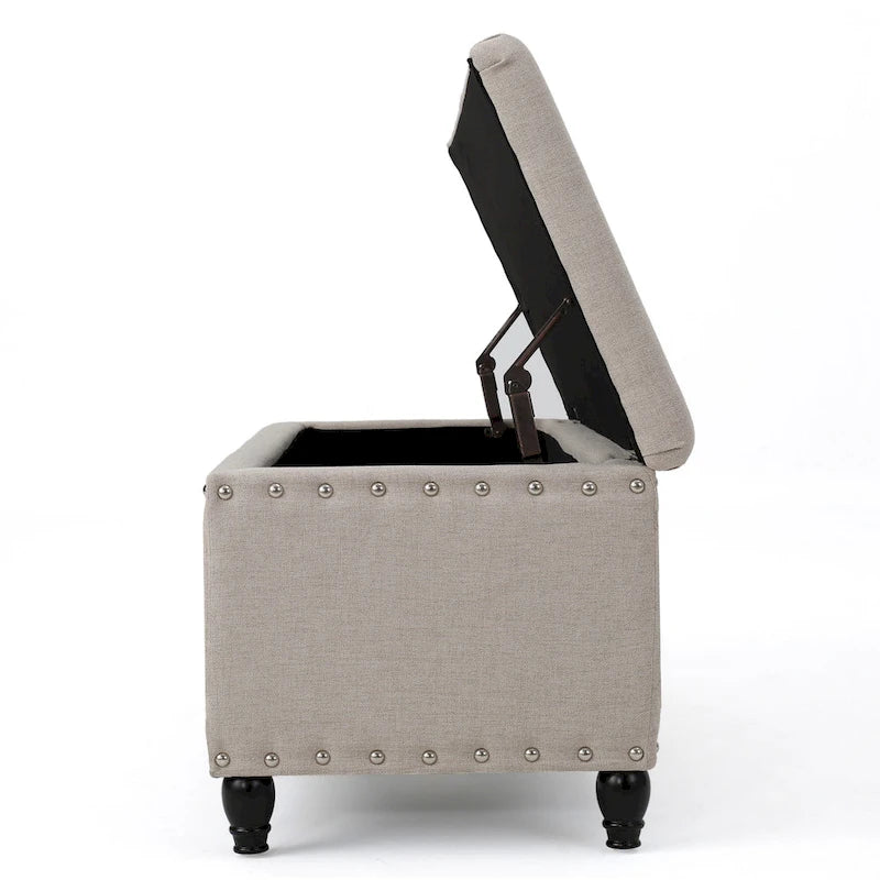 Panca Contenitore Ottomana, Tessuto Beige, Rivetti Decorativi, 107 cm