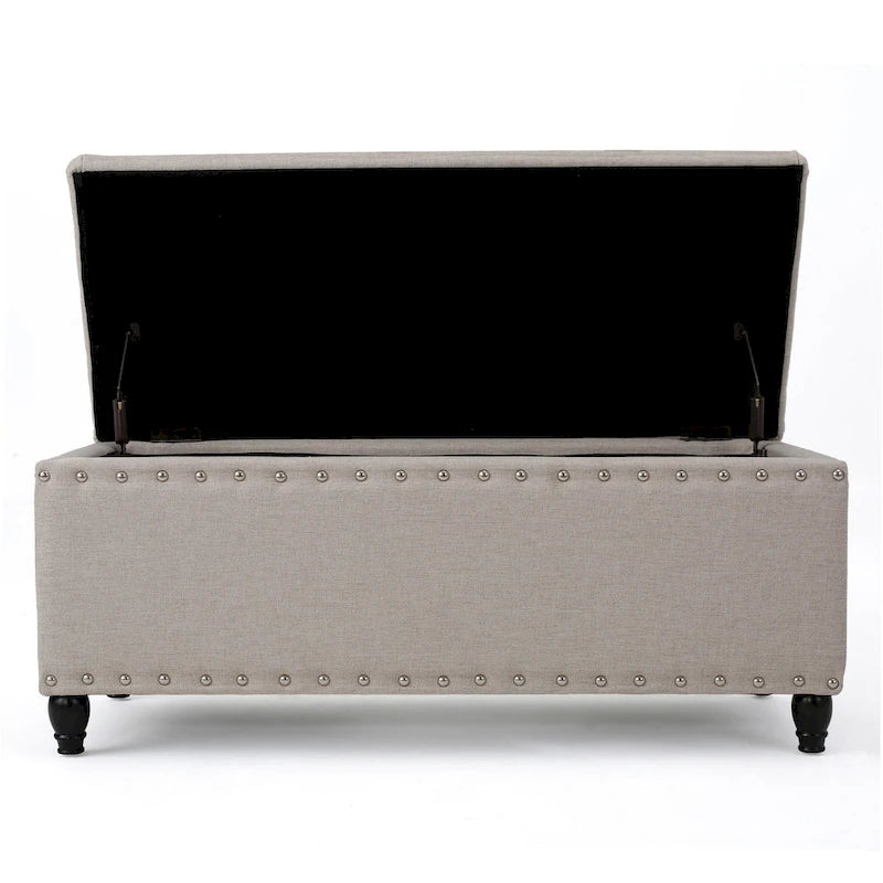 Storage Ottoman Bench, Beige Fabric, Nailhead Trim, 42 Inch