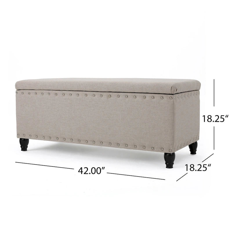 Storage Ottoman Bench, Beige Fabric, Nailhead Trim, 42 Inch