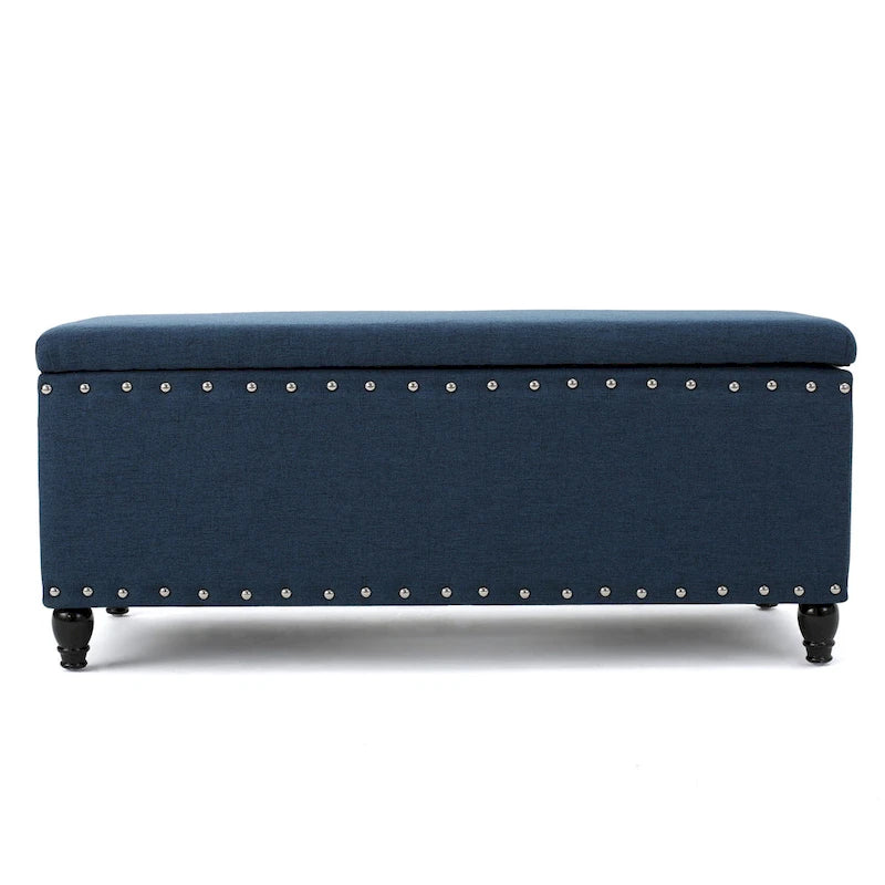 Panca Contenitore Ottomana, Tessuto Blu Navy, Rivetti Decorativi, 107 cm