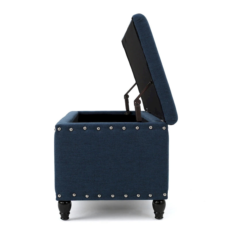 Panca Contenitore Ottomana, Tessuto Blu Navy, Rivetti Decorativi, 107 cm