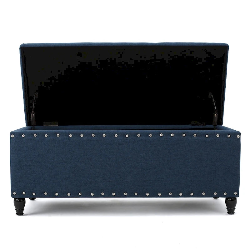 Panca Contenitore Ottomana, Tessuto Blu Navy, Rivetti Decorativi, 107 cm