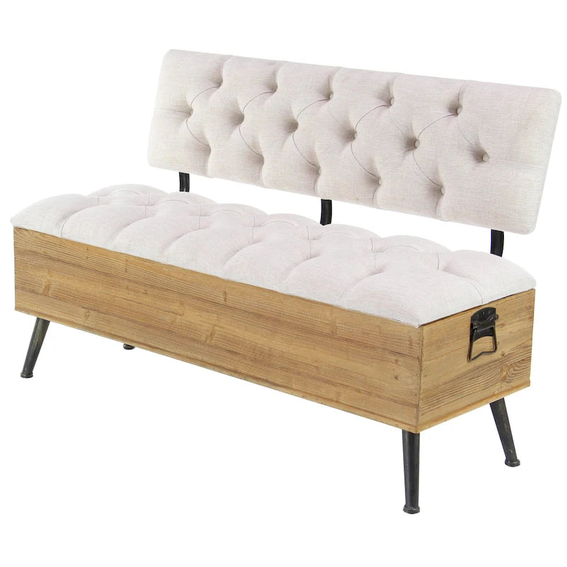 Wood Storage Bench with Cream Tufted Seat and Back - White - Roche River Decor - 20Wx48Lx30H