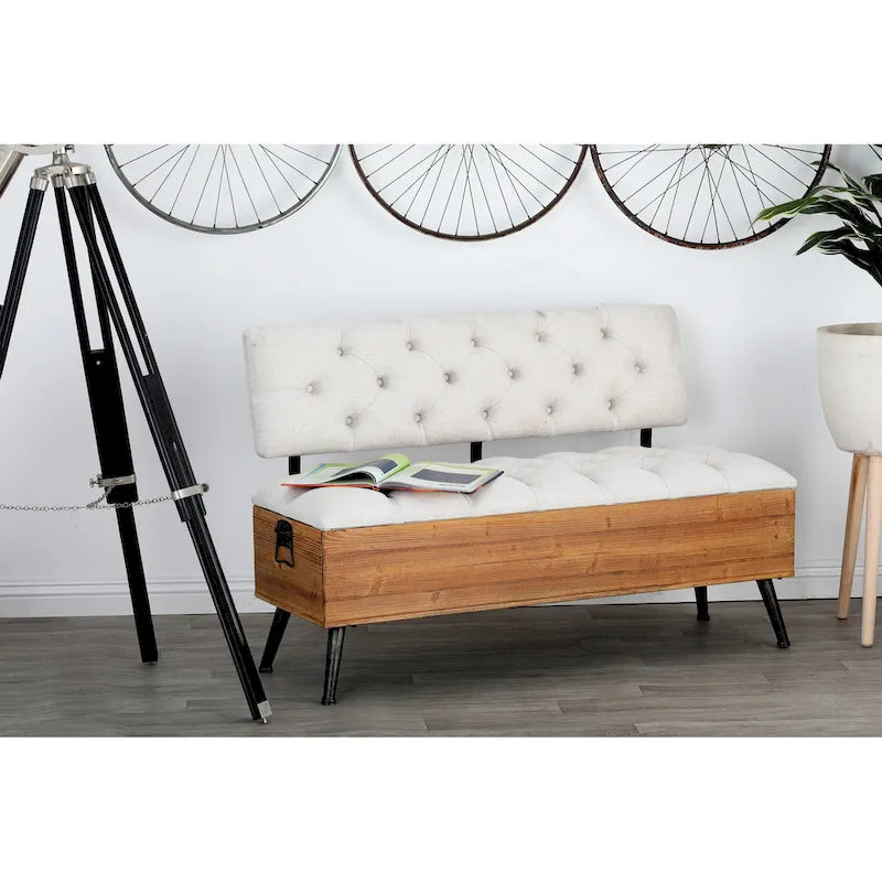 Panca contenitore in legno con seduta e schienale trapuntati color crema - Bianco - 20Lx48Px30H