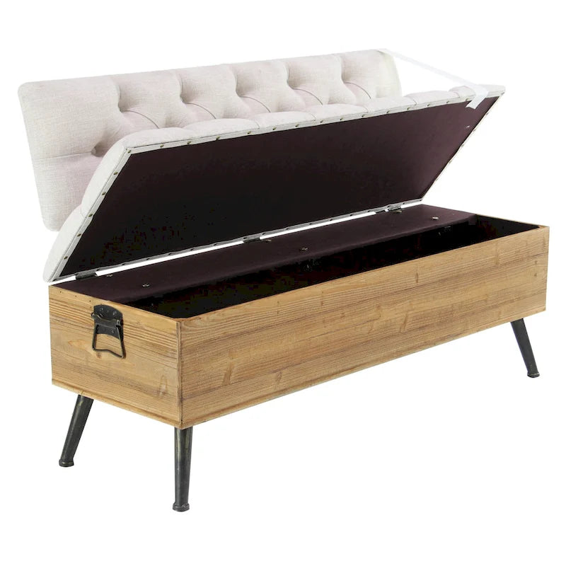 Panca contenitore in legno con seduta e schienale trapuntati color crema - Bianco - 20Lx48Px30H