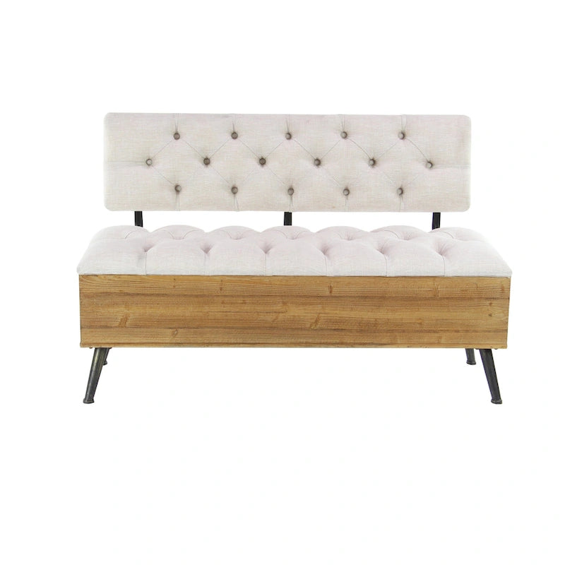 Panca contenitore in legno con seduta e schienale trapuntati color crema - Bianco - 20Lx48Px30H
