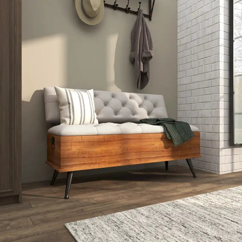 Panca contenitore in legno con seduta e schienale trapuntati color crema - Bianco - 20Lx48Px30H
