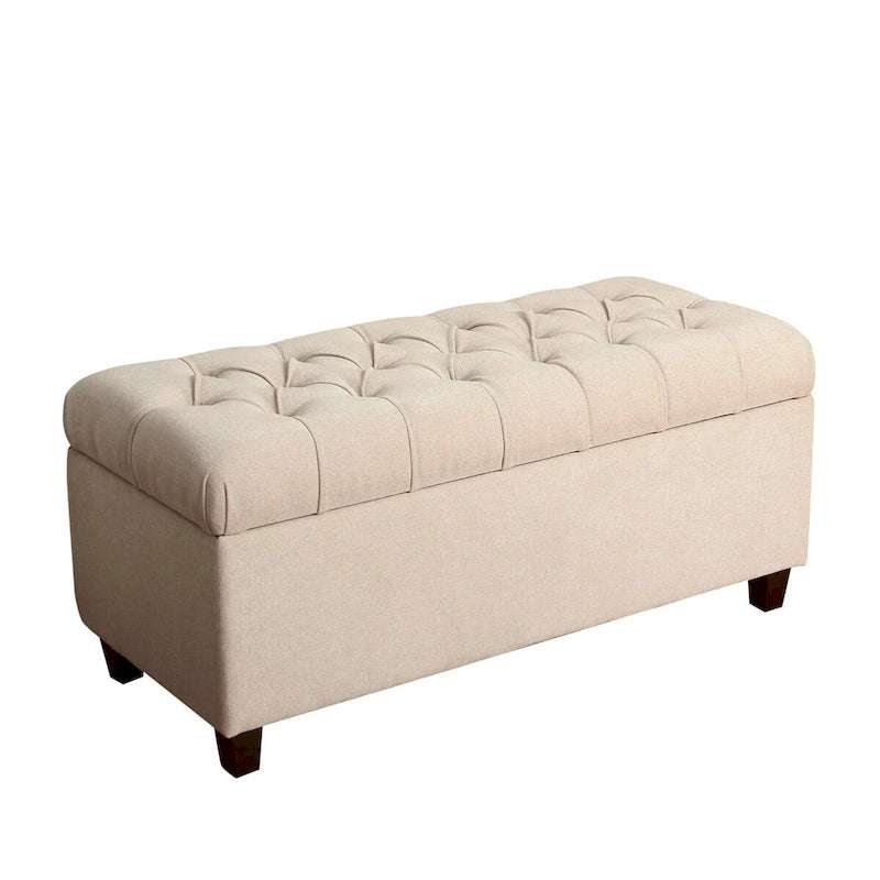 Fabric Upholstered Button Tufted Wooden Bench With Hinged Storage, Cream and Brown - 18 H x 40 W x 18 L Inches