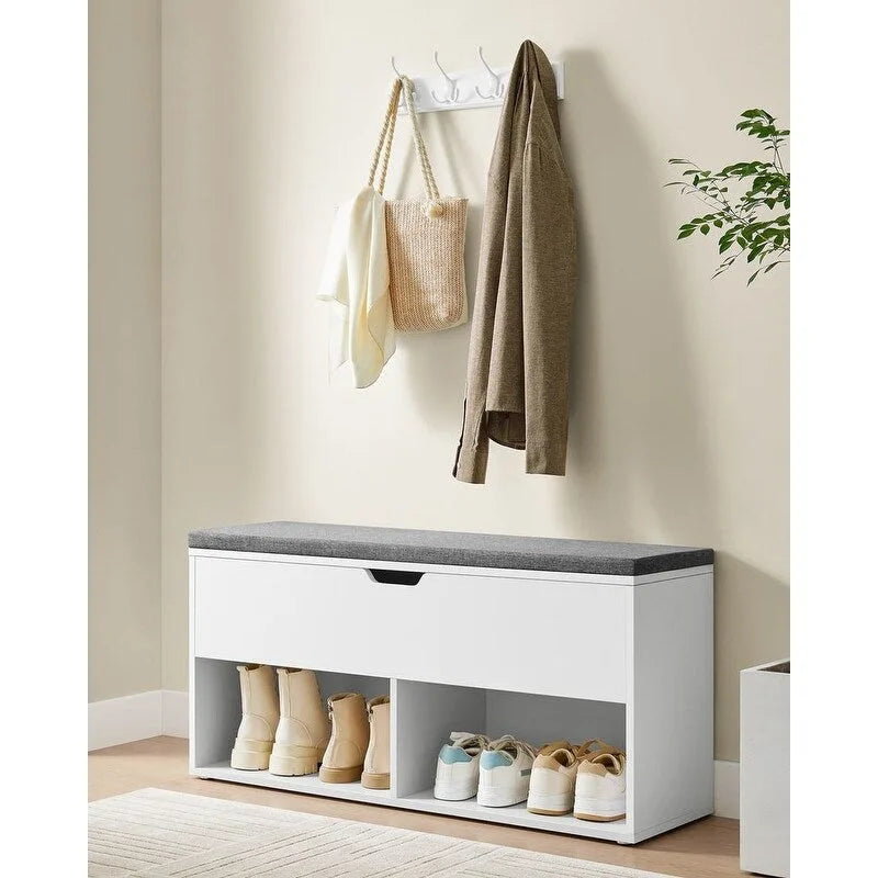 Gray Wood Shoe Storage Entryway Bench with Cushioned Seat - 11.8D x 39.4W x 18.9H