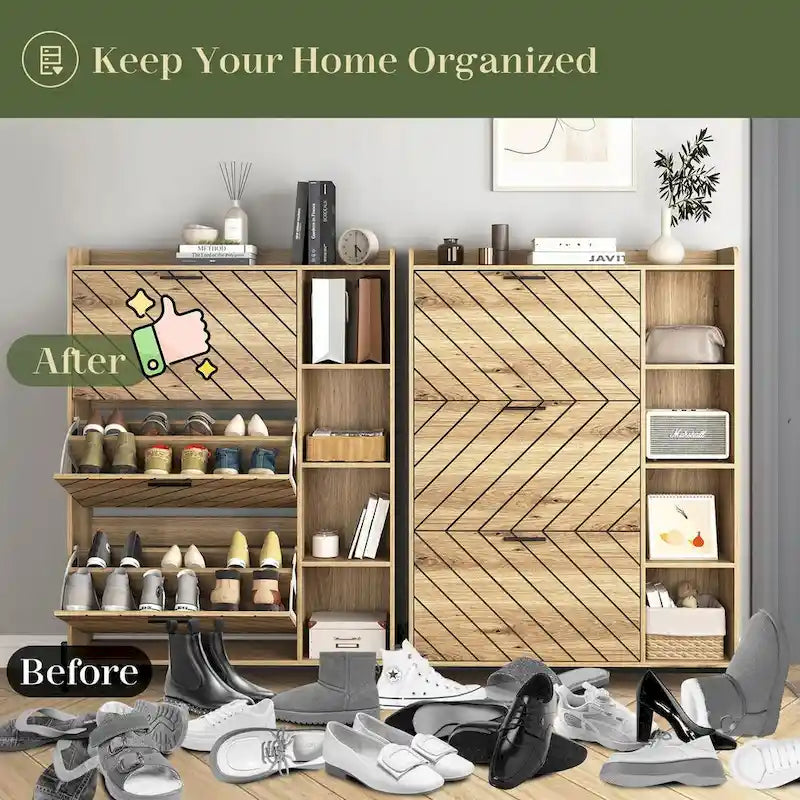 Modern Slim Shoe Cabinet with 3 Flip Drawers & Open Shelves