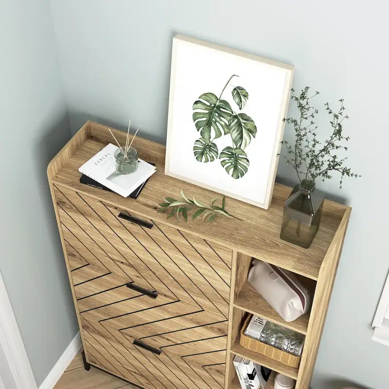 Modern Slim Shoe Cabinet with 3 Flip Drawers & Open Shelves