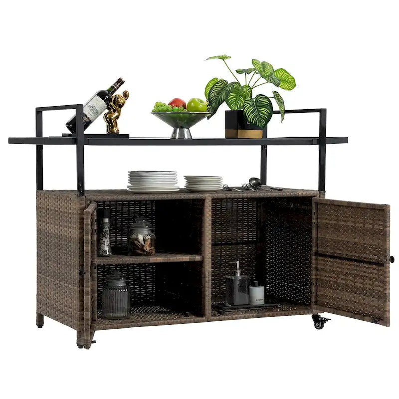 Mobile tea cart, door storage mobile dining cart, three-level service dining cart, storage cabinet