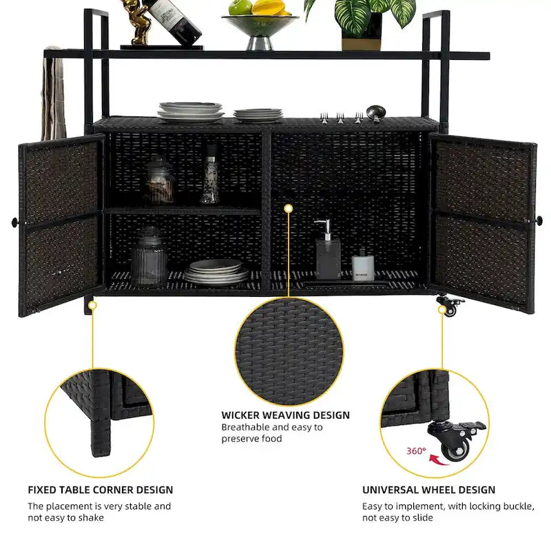 Mobile tea cart, door storage mobile dining cart, three-level service dining cart, storage cabinet