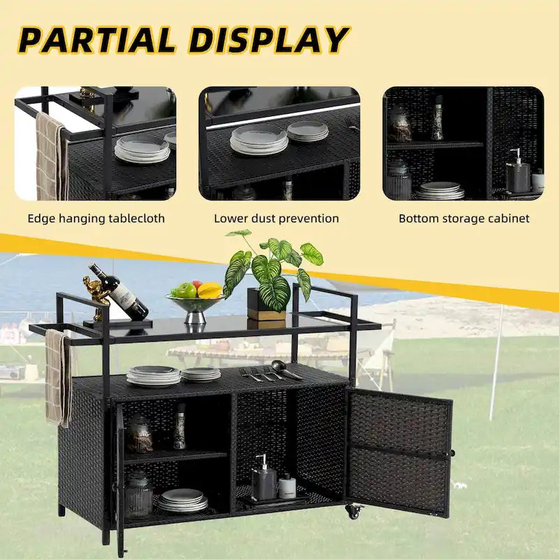 Mobile tea cart, door storage mobile dining cart, three-level service dining cart, storage cabinet