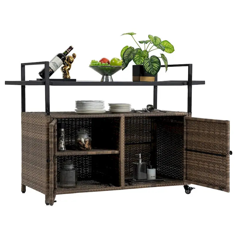 Mobile tea cart, door storage mobile dining cart, three-level service dining cart, storage cabinet