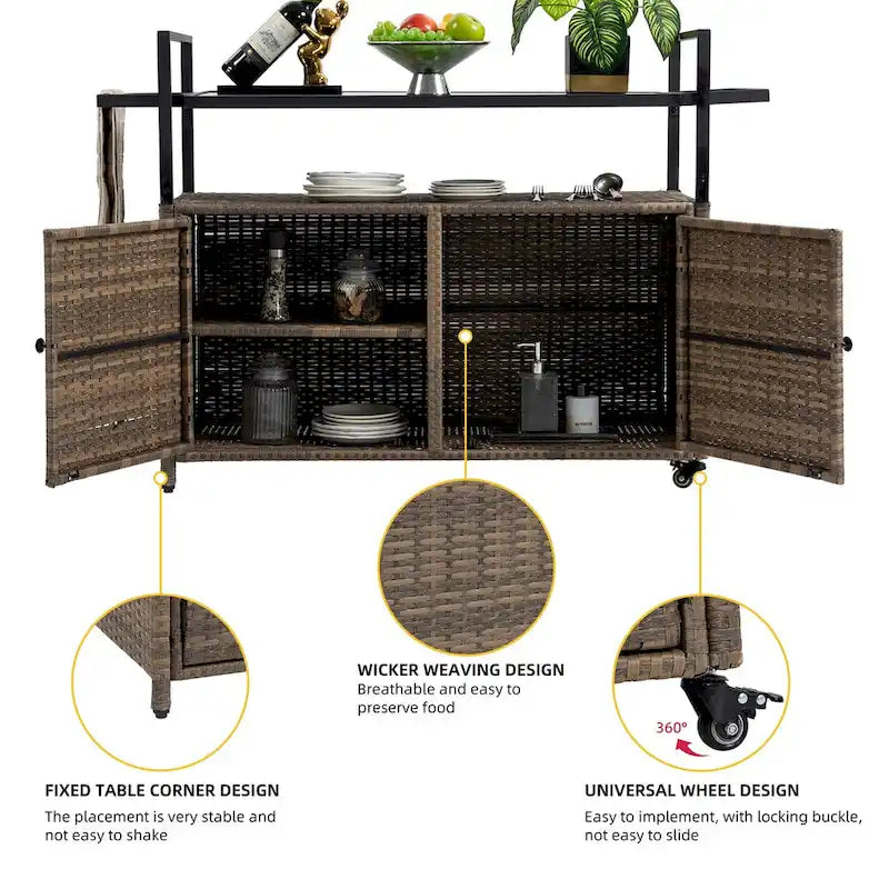 Mobile tea cart, door storage mobile dining cart, three-level service dining cart, storage cabinet