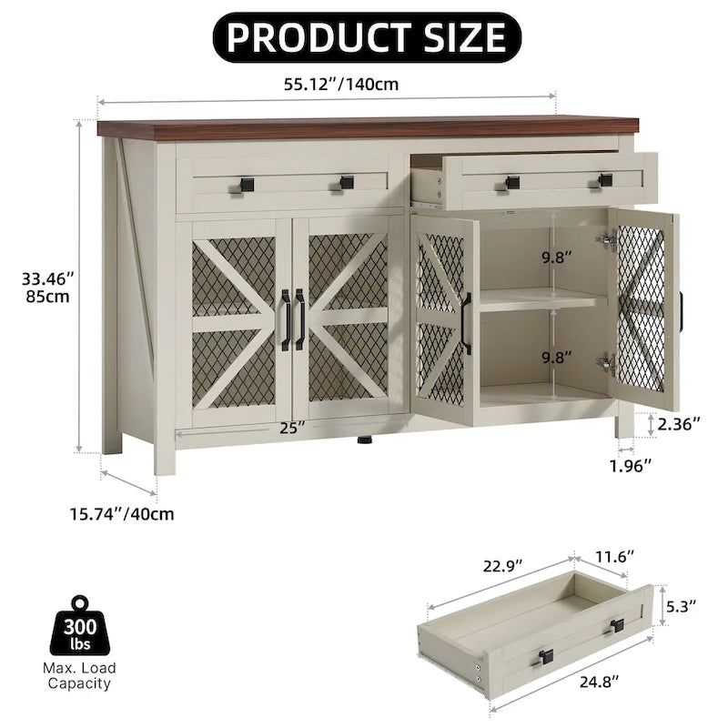 Credenza a buffet da 55 pollici in stile rustico con vano contenitore, mobile bar da caffè