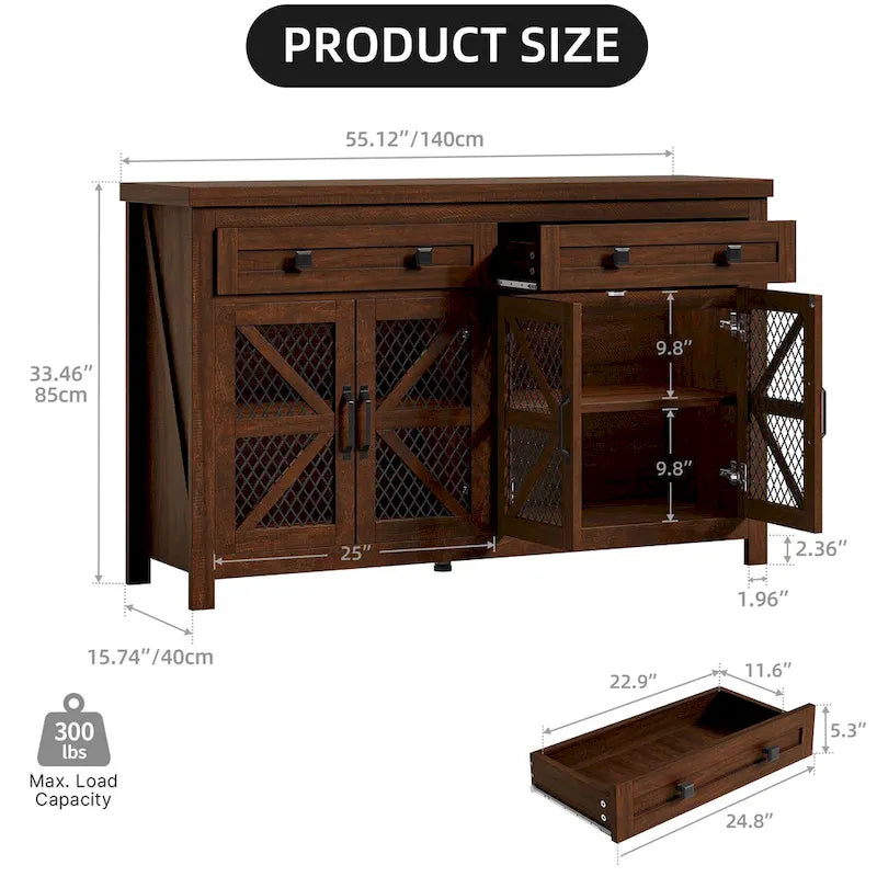 55" Farmhouse Sideboard Buffet Cabinet With Storage, Coffee Bar Cabinet
