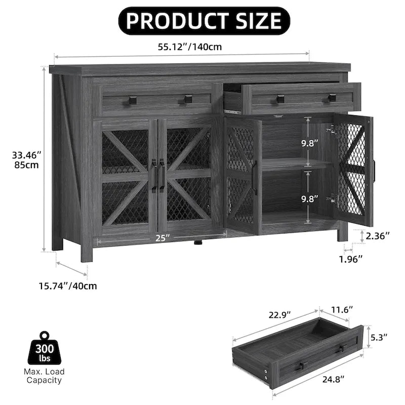 55" Farmhouse Sideboard Buffet Cabinet With Storage, Coffee Bar Cabinet