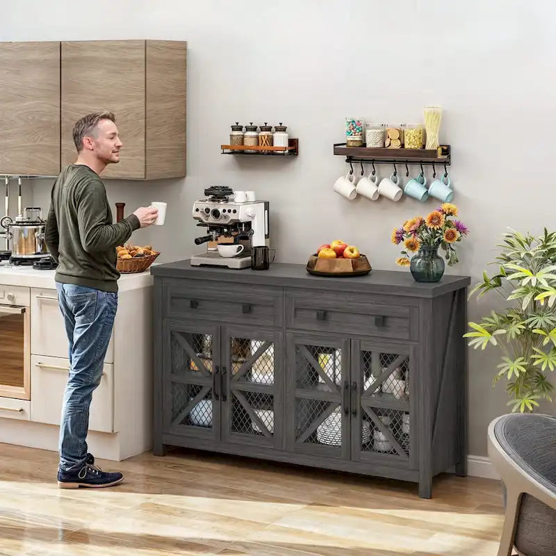 55" Farmhouse Sideboard Buffet Cabinet With Storage, Coffee Bar Cabinet