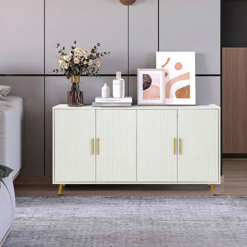 Wood TV Stand with Storage Cabinet and Adjustable Shelves