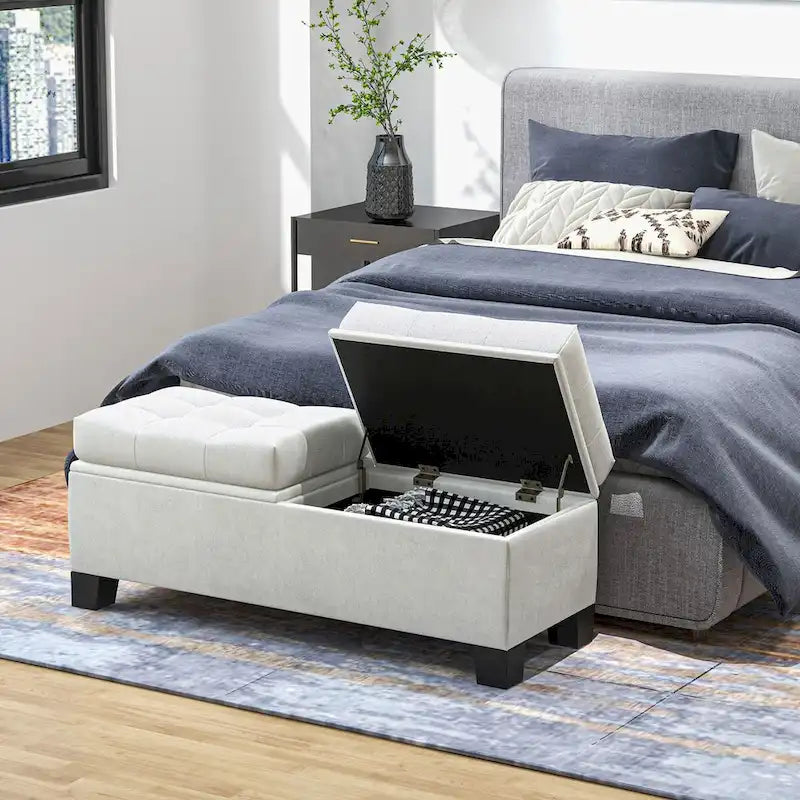 Panca pouf contenitore rivestita con cerniere di sicurezza
