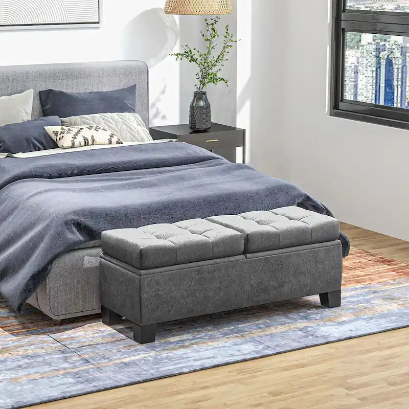 Panca pouf contenitore rivestita con cerniere di sicurezza