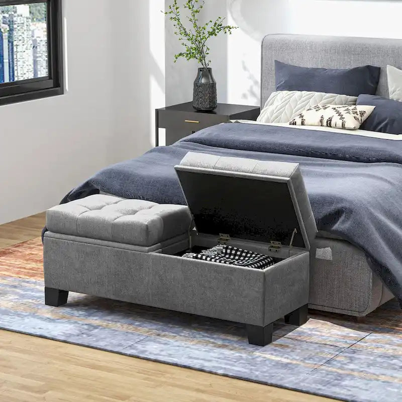 Panca pouf contenitore rivestita con cerniere di sicurezza