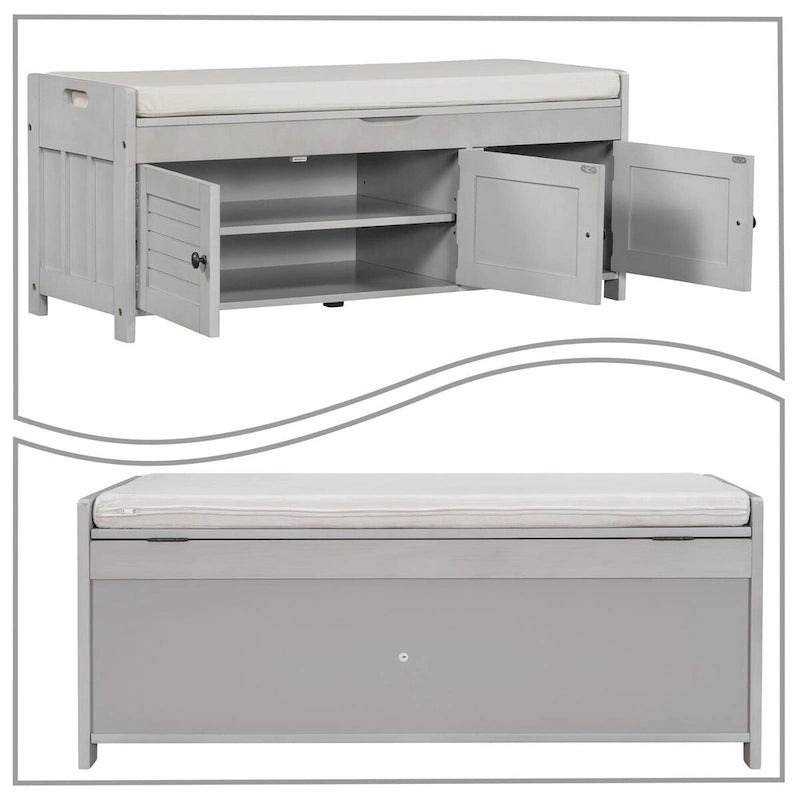 Classic Modern Storage Bench with Two Cabinets and Flip-Top Storage