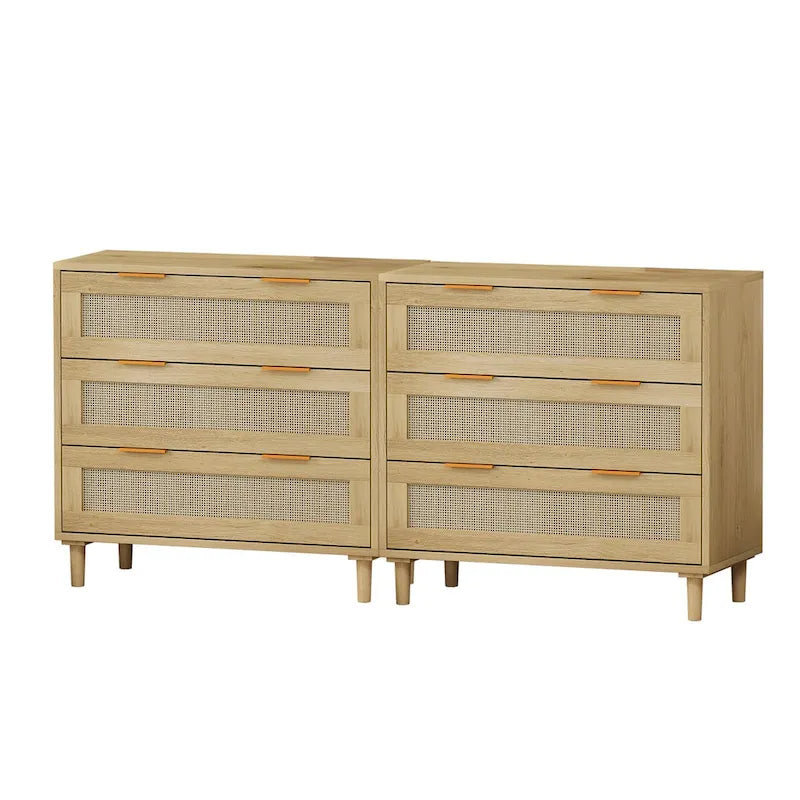 3-Drawers Rattan Storage Cabinet Rattan Drawer (Set of 2),for Bedroom,Living Room,Dining Room,Hallways,Oak