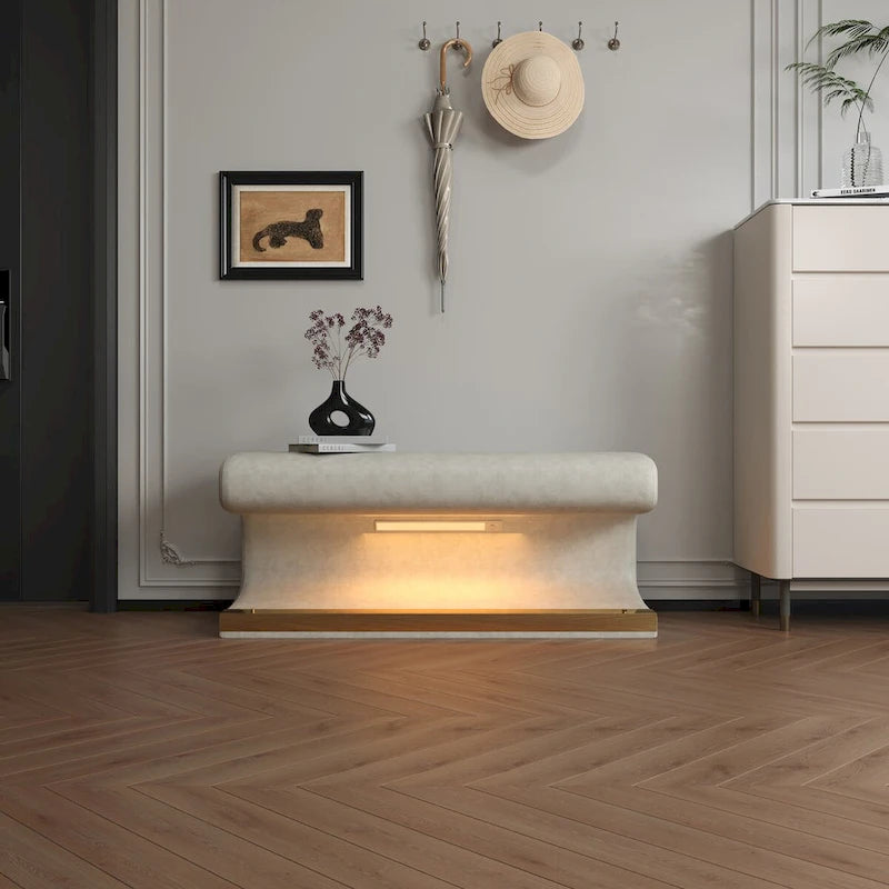 Panca da ingresso, pouf in pelle con luci LED e sensore per soggiorno, camera da letto, fondo letto