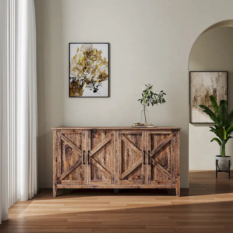 Credenza a 4 ante e 4 ripiani aperti, mobiletto indipendente per ingresso, ufficio, camera da letto