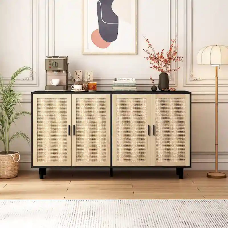 62.20 Mobile contenitore decorativo elegante e funzionale a 4 ante in rattan per camera da letto, soggiorno, ufficio, facile da montare, nero