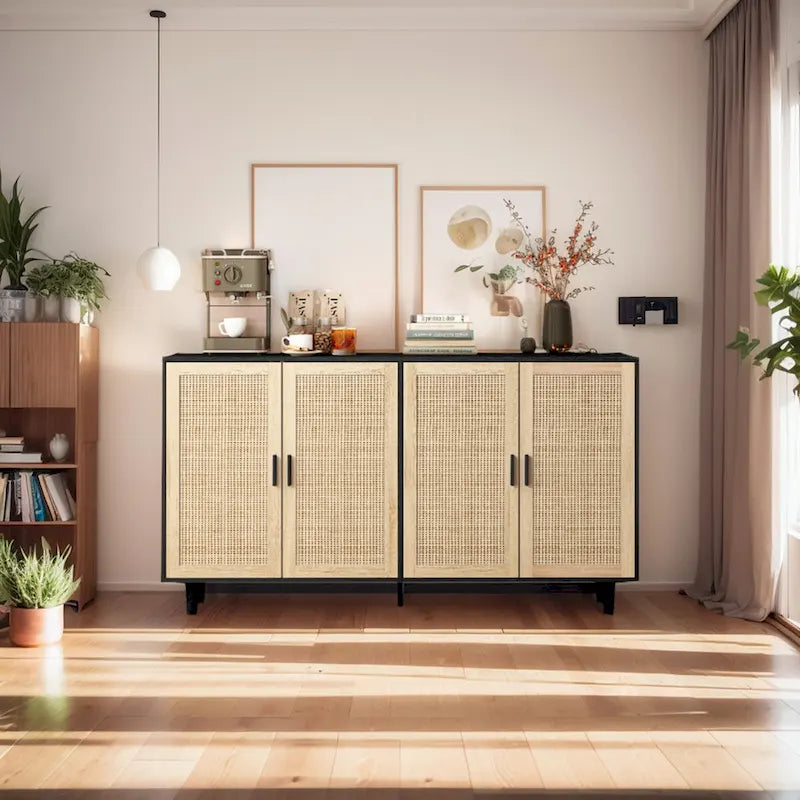 62.20 Mobile contenitore decorativo elegante e funzionale a 4 ante in rattan per camera da letto, soggiorno, ufficio, facile da montare, nero