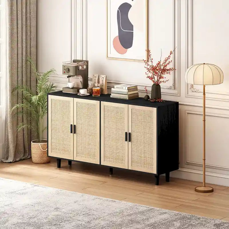 62.20 Mobile contenitore decorativo elegante e funzionale a 4 ante in rattan per camera da letto, soggiorno, ufficio, facile da montare, nero