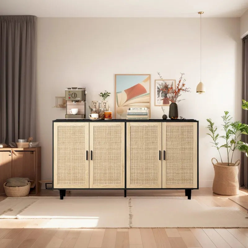 62.20 Mobile contenitore decorativo elegante e funzionale a 4 ante in rattan per camera da letto, soggiorno, ufficio, facile da montare, nero