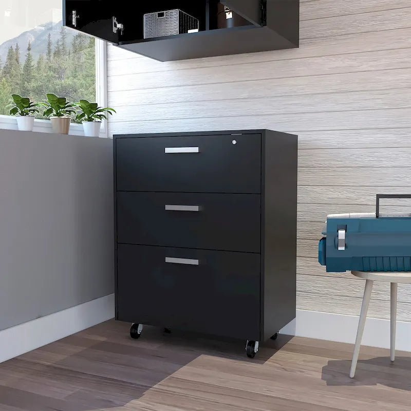 Mobiletto Contenitore - Piano Superiore, Base Cassettiera, Tre Cassetti, Quattro Ruote Girevoli - Nero
